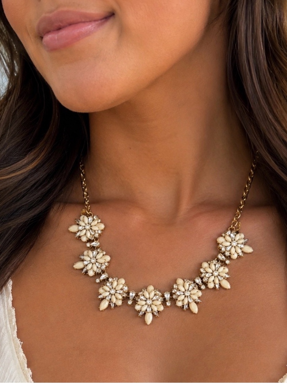 J. Crew Gold Chain Cream Floral Cluster Necklace